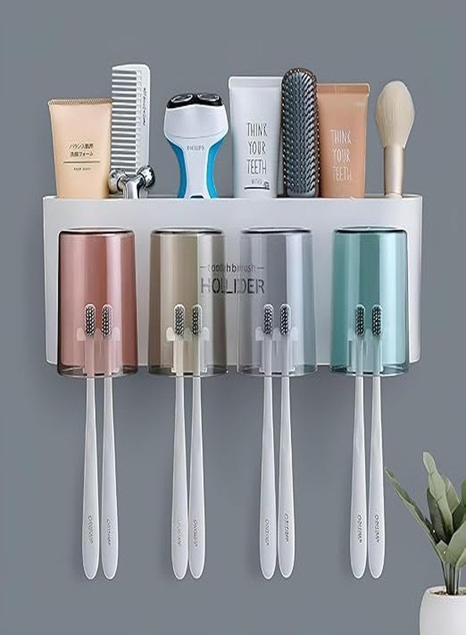 OSLEN Plastic Toothbrush Holder Wall Mounted with 4 Cups | Bathroom Toothbrush Organizer Stand with Dustproof Cover | Toothbrush and Toothpaste Holder for Family, Bathroom Wall Storage Rack (White) - Image 1